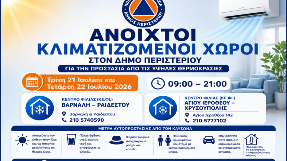 Περιστέρι: Ανοιχτοί κλιματιζόμενοι χώροι προστασίας από τον καύσωνα