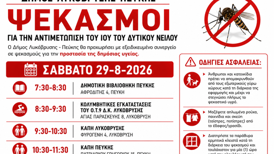 Κουνουποκτονίες στη Λυκόβρυση–Πεύκη: Πού θα γίνουν οι ψεκασμοί - Σάββατο 29 Αυγούστου